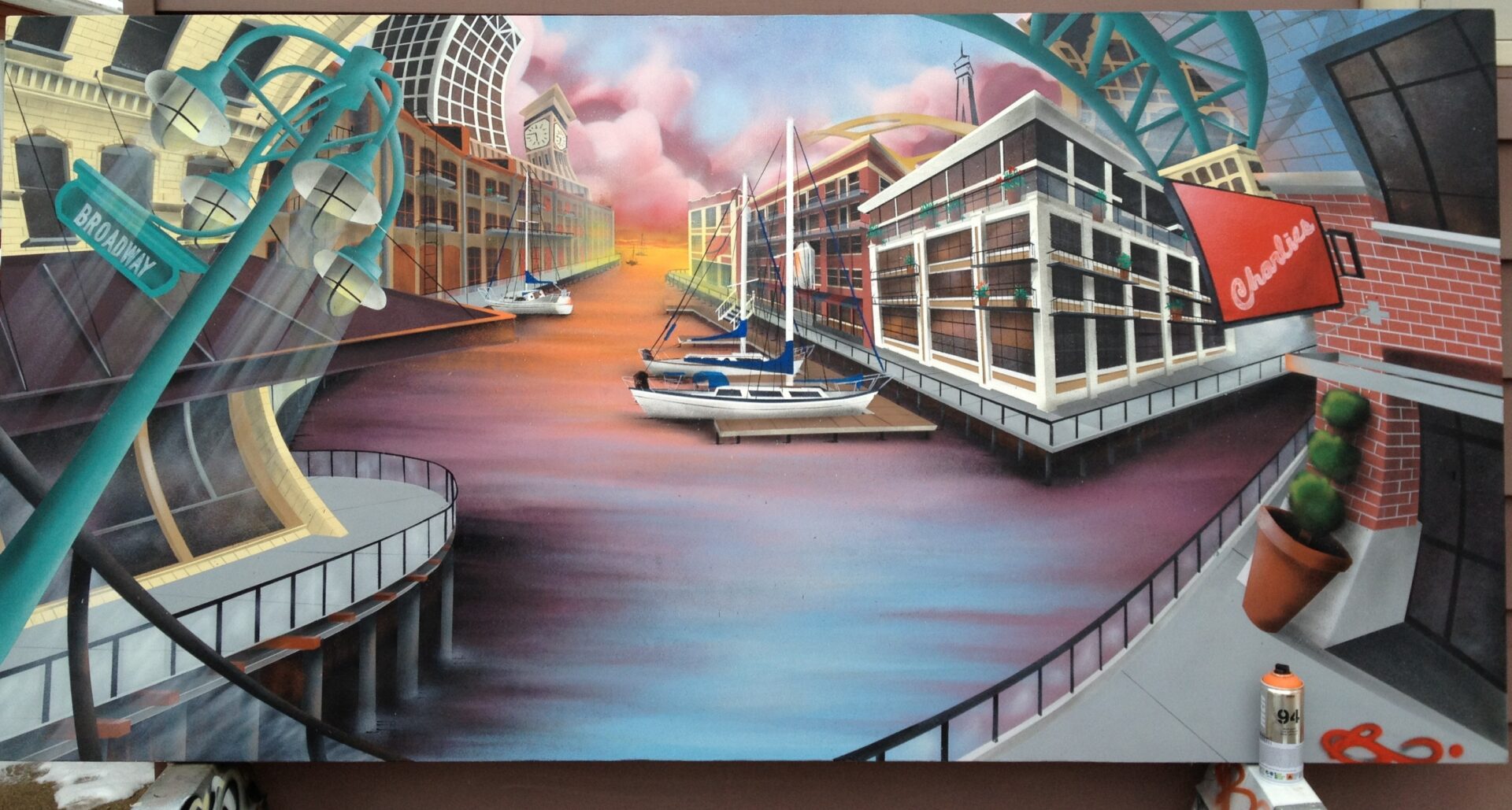 A painting of a city with boats in the water.