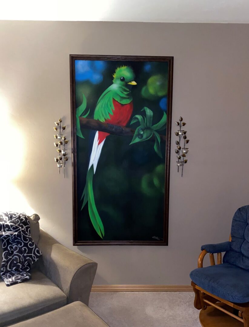 A painting of a parrot hanging on the wall.