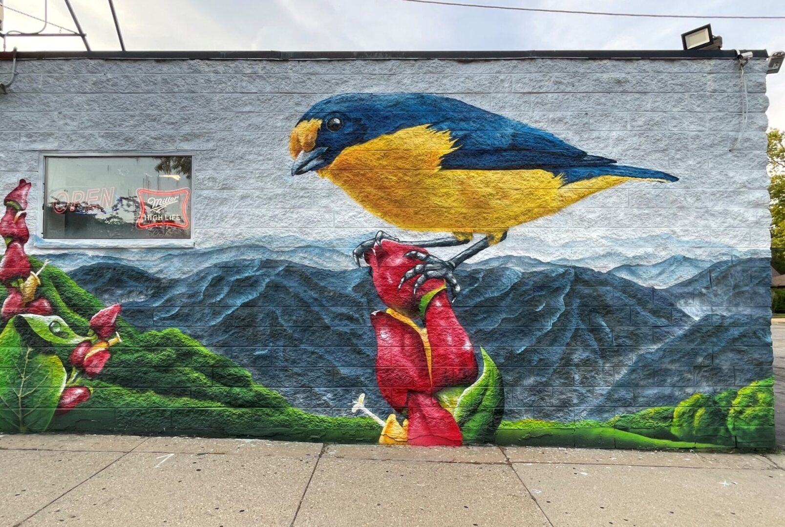 A mural of a bird on top of a fire hydrant.