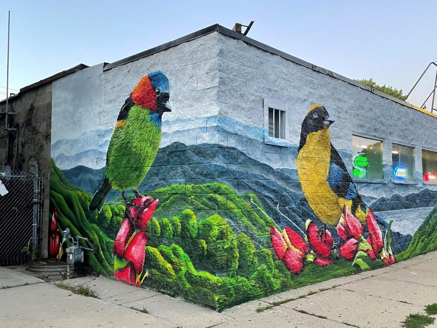 A mural of birds on the side of a building.