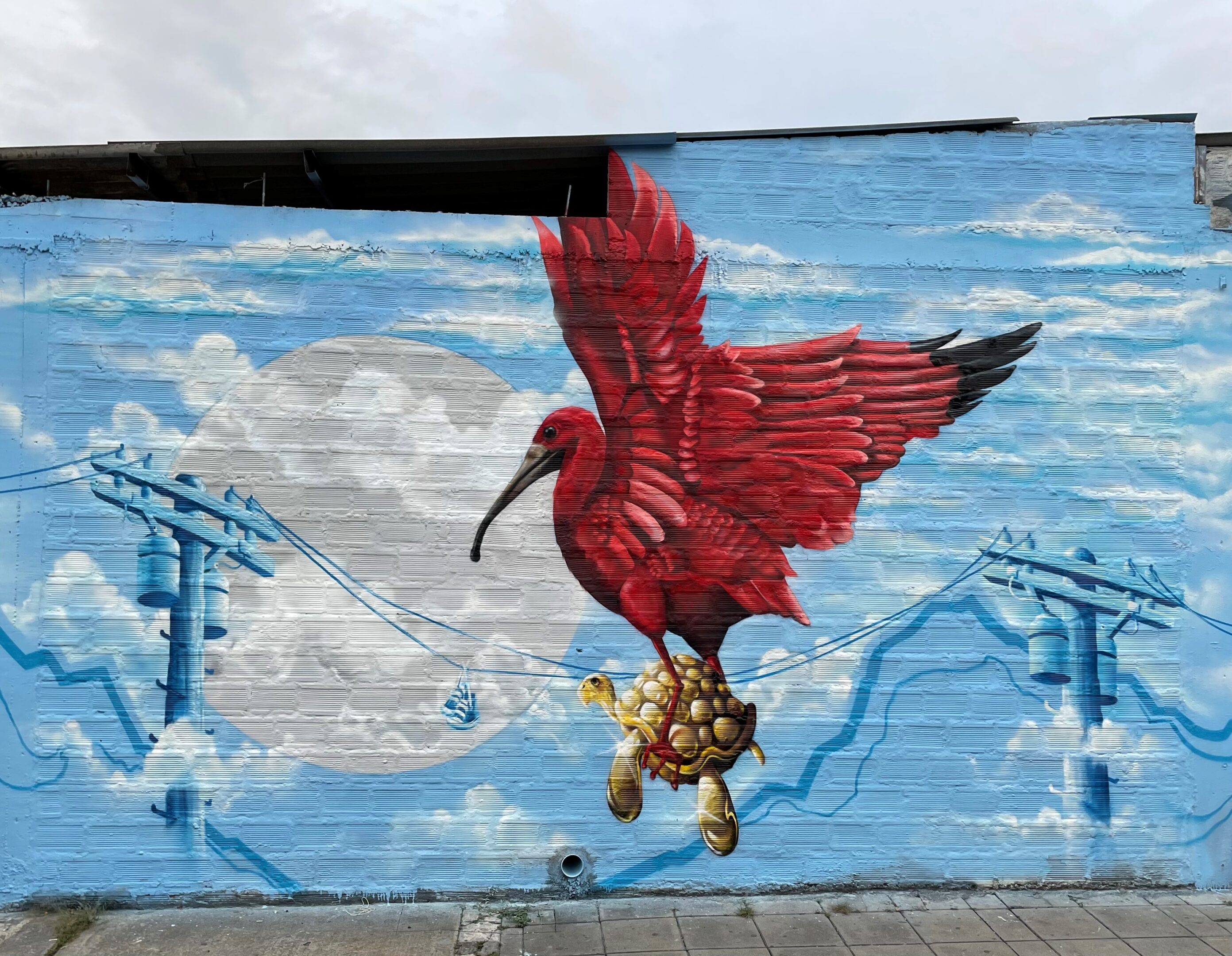 A mural of a bird flying over the ocean.