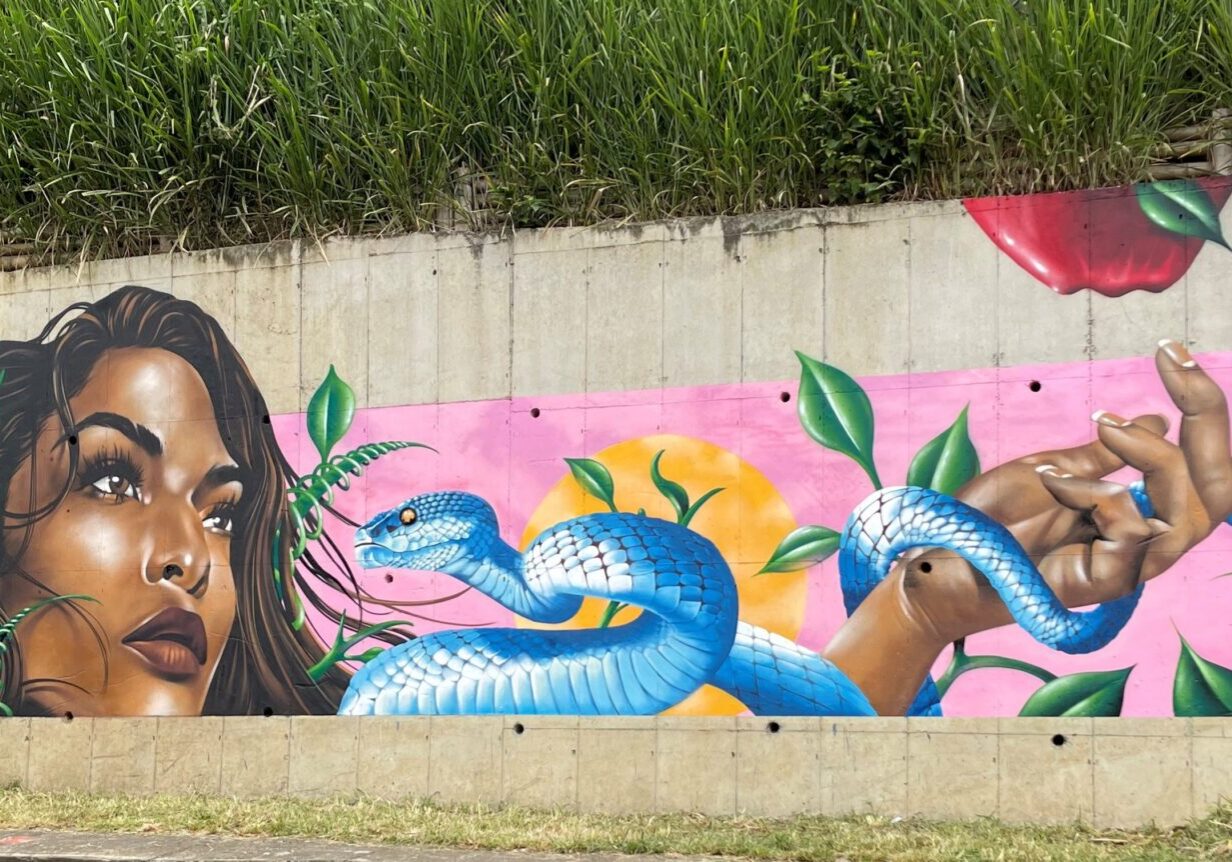 A mural of a woman and snake on the side of a wall.