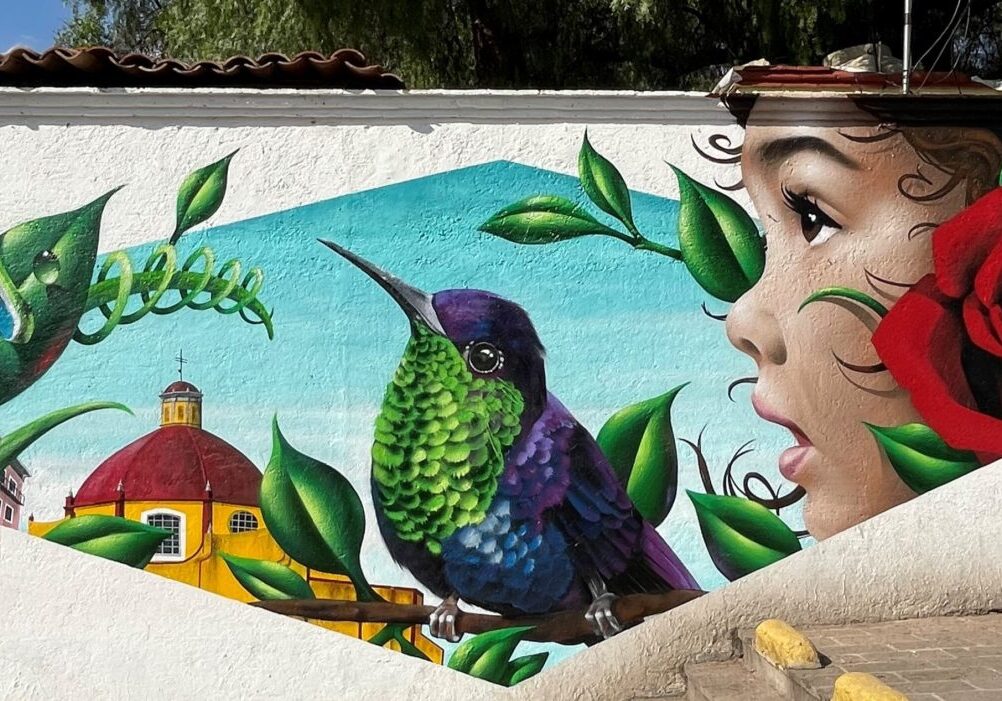 A mural of a girl and hummingbird on the side of a building.